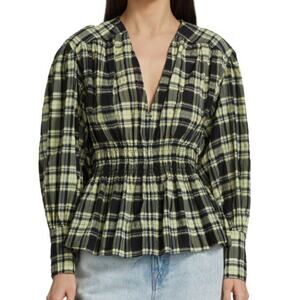Ganni searsucker v neck gathered blouse 36/4